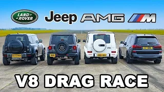 Defender V8 v Jeep 392 v AMG G63 v X7 M50: DRAG RACE