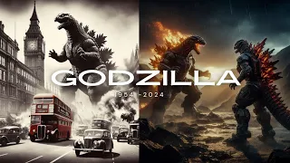 my evolution of Godzilla (1954-2024) (AI)