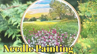 Needle Painting Landscape Embroidery Timelapse— French knot Flowers