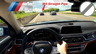 BMW 750d xDrive 400ps&760Nm vs Straight Pipe BMW M4 | Car Review | TOP Speed run  | by Cars2Drive DE