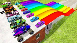 Monster Trucks $ Bus vs Trap Side Colors High Speed Ramps & Cars vs Mega Speed Bumps | HT Gameplay