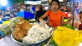 Wonderful Popular Cambodian Street Food - Delicious Yellow Pancakes, Noodles & Spring Rolls