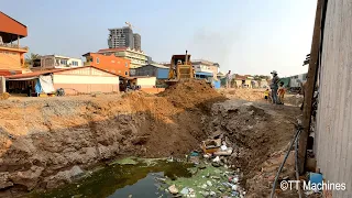 First Session Of Project Building Foundation Village Road By Bulldozer Moving Sand Into Water