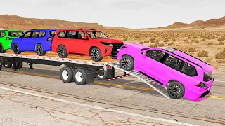 Flatbed Trailer Toyota LC Cars Transportation with Truck - Pothole vs Car #004 - BeamNG.Drive