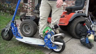 Jeff and his 2 kinda SCARY gas motorized SCOOTERS. 1st time Test Rides and discussion.Garage find!