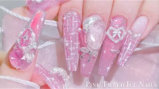 sub) Pink Tweed Ice Nails🎀💗/🇰🇷Korean Nails / Tweed nails easily!🙌🏻 / Nail art / Self-nails / ASMR