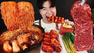 ASMR MUKBANG 버섯 열라면 & 떡볶이 & 치즈 통스팸 & 스테이크 FIRE Noodle & STEAK & CHEESE SPAM EATING SOUND!