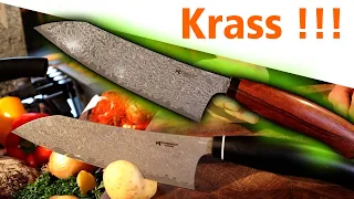 Die besten Damast Küchenmesser unter 200,-€ | Schmiedeglut Essential Santoku, Brotmesser, Kneipchen