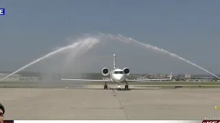 Firetrucks greet Victor Wembanyama's plane as it lands in San Antonio