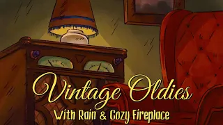 oldies playing in another room and it's raining w/ cozy fireplace (vintage radio)