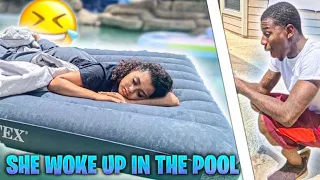 FIANCÉ WAKES UP IN SWIMMING POOL PRANK!! (BAD IDEA)