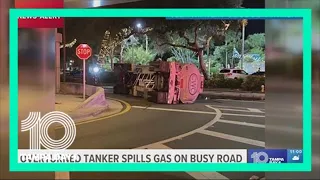 Gasoline tanker overturns while making U-turn, spills onto roadway in Clearwater