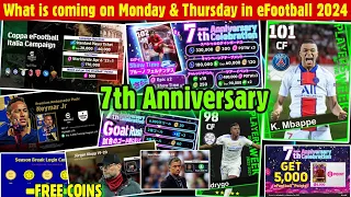 What is coming on Monday & Thursday in eFootball 2024, POTW, 7th Anniversary, Free Coins & Free Epic