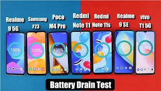 Samsung F23 Battery Drain Test Vs Realme 9/Redmi Note 11/Poco M4 Pro/Note 11s/Realme 9 SE/vivo T1