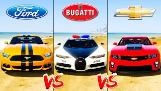 Ford Mustang vs Police Bugatti Chiron vs Chevrolet Camaro - GTA 5 Mods Which super car is best?