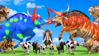 10 Giant Tiger Bull vs Woolly Mammoth vs Giant Zombie Bull Attack Cartoon Cow Saved by Mammoth Eleph