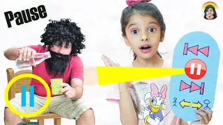 Pause Challenge: Amaira Pretend Play with Magical Remote Control with Dad