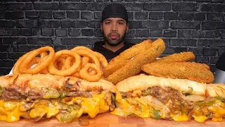 (ASMR) PHILLY CHEESESTEAK, DEEP FRIED PICKLES, AND ONION RINGS MUKBANG