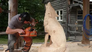 Chainsaw Carving A Life Size Wolf!!!