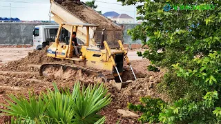 Powerful Bulldozer Komatsu Pushing Soil Operator Techniques & Dump Truck Dumping Soil Filling Land