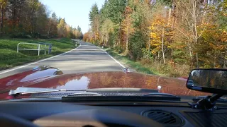 1957 DeSoto Fireflite drives through sunny woods