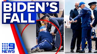 US President Joe Biden trips and falls on stage, age increasingly a concern | 9 News Australia
