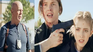 A man points a gun at a young woman, unaware that her father is a badass  police detective