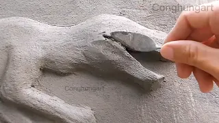 DIY floating cement dinosaur relief on the wall