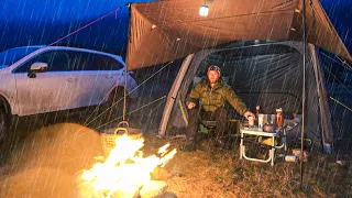 Stormy Car Camping Alone in the HEAVY Rain - BIG air TENT.