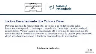 Culto Online CCB 18/07 2020 - 18:00 - Brás