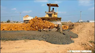 Successfully 100% Filling Land In Corner By Dozer KOMATSU D37P Leveling And Truck Loading Of Stone