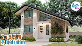 SMALL HOUSE DESIGN WITH LOFT | 7 X 5.5 Meters 2 Bedroom Pinoy House