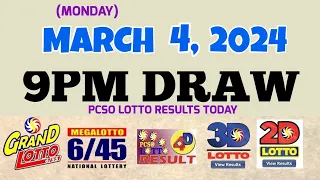 Lotto Result today 9pm draw March 4, 2024 6/55 6/45 4D Swertres Ez2 PCSO#lotto