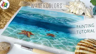 Step by Step WATERCOLOR TUTORIAL underwater ocean starfish