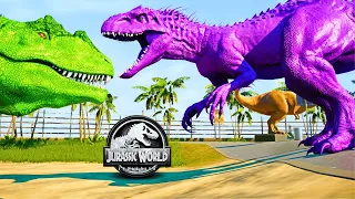 Pink Indominus Rex, Blue Tyrannosaurus Rex, Red Spinosaurus Colorful Big Dinosaurs Fight