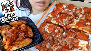 ASMR EATING LITTLE CAESARS PIZZA CAR MUKBANG ( CHEESY PEPPERONI 3 MEAT & BBQ CHICKEN WING TWILIGHT