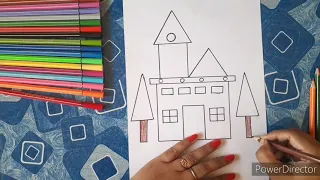 How to draw house using geometrical shapes|Easy house drawing for kids|House draw and color