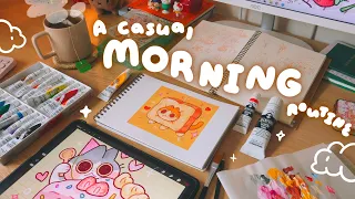 night & casual morning routine 🌞 gouache sketchbook idea, cooking breakfast, printing // art vlog