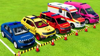 DACIA, VOLKSWAGEN POLICE CARS & MERCEDES AMBULANCE EMERGENCY VEHICLE TRANSPORTING WITH TRUCKS ! FS22