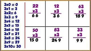 Aprendendo a tabuada e contas de multiplicação por 3║Contas de vezes com o número três║Tabuada do 3