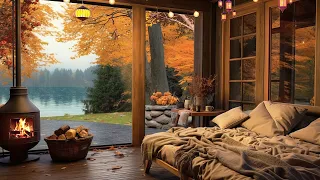 Autumn Lake House Porch Ambience with Rain Sounds, Bonfire and Fall Vibes