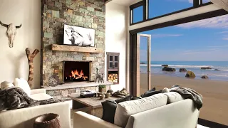 HD Beach House Fireplace Screensaver Background - Cosy Living room fire crackling sound only - 2 hrs