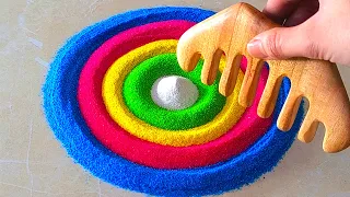 Colourful rangoli using comb | Navratri/Diwali rangoli design | flower rangoli using rangoli tool