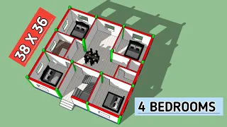 38x36 मे 4 Bedroom का नक्शा || 3d house plan || 4 bedrooms house plan || house plan