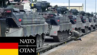 German Army, NATO. Powerful Leopard 2 tanks and armored vehicles of the German army in Lithuania.