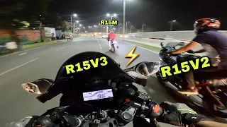 R15M vs R15V3 vs R15V2 | Street Race with Crazy Riders | Guess the Winner?