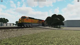 BNSF manifest Train with KCS SD70ACE trailing in Ro-Scale Southline District