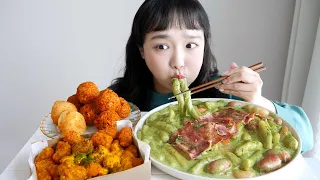 Basil Cream Tteokbokki Real Sound Mukbang🌿+Carbo Fire Noodles Rice Balls Recipe | Eating Show ASMR:D