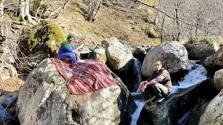 Nomads Making a Charcoal Place for Stove and Washing the Rug in the River