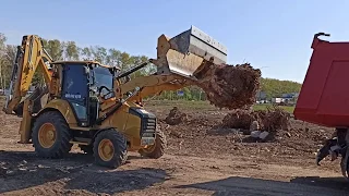 CAT 432F2. Загрузка самосвала. Огромный пень